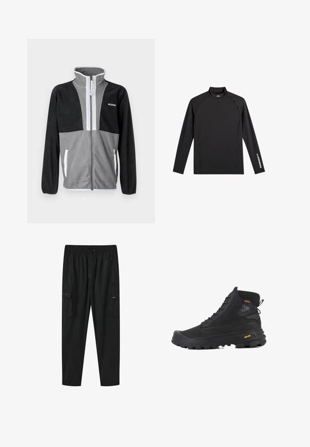 Fleecejacke mit hohem Kragen, grau und schwarzen Farbblöcken, Frontreißverschluss und weißen Akzenten an den Taschen und dem Reißverschluss.; Schwarzes Langarm-Sportoberteil mit Stehkragen, schlanker Passform und weißem "J.Lindeberg"-Logo am linken Ärmel und Kragen.; Schwarze Cargo-Hose mit elastischem Bund, Kordelzug, zwei seitlichen Reißverschlusstaschen und zwei Reißverschlussklappentaschen an den Oberschenkeln.; Schwarze hohe Stiefel mit strukturierten Oberflächen, ausgestattet mit einem wasserdichten Design, Schnürsystem und einer ausgeprägten Gummisohle mit Vibram-Branding.