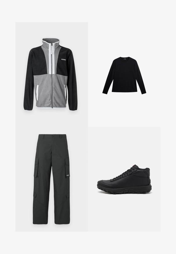 Fleecejacke mit hohem Kragen, grau und schwarzen Farbblöcken, Frontreißverschluss und weißen Akzenten an den Taschen und dem Reißverschluss.; Schwarzes Langarm-T-Shirt aus glattem Stoff, mit Rundhalsausschnitt und einem dezenten Logo auf der Vorderseite, in lockerer Passform.; Schwarze gerade Cargo-Hosen mit seitlichen Klappentaschen, Druckknopfverschluss, Gürtelschlaufen und kleinem weißen Logo auf der Klappentasche rechts.; Schwarze High-Top-Sneaker aus strukturiertem Leder, mit einer dicken Gummisohle mit Profil und Schnürdesign. Roter Akzent auf der Zunge.
