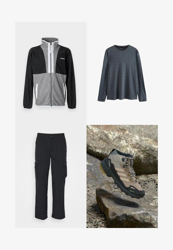 Fleecejacke mit hohem Kragen, grau und schwarzen Farbblöcken, Frontreißverschluss und weißen Akzenten an den Taschen und dem Reißverschluss.; Langärmliges Shirt aus dunkelgrauem Melange-Stoff mit Rundhalsausschnitt und subtiler Textur. Einfaches Design ohne zusätzliche Muster oder Akzente.; Schwarze Cargo-Hosen aus gewebtem Stoff. Mit verstellbarem Bund, Seitentaschen und zwei Utility-Taschen mit Reißverschlüssen.; Beiger und schwarzer Wanderstiefel mit Gore-Tex, Terrex-Branding und grober Sohle, der über felsigem Gelände schwebt.