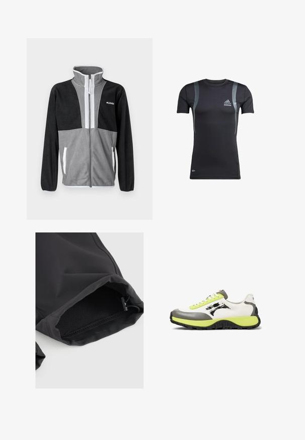 Fleecejacke mit hohem Kragen, grau und schwarzen Farbblöcken, Frontreißverschluss und weißen Akzenten an den Taschen und dem Reißverschluss.; Schwarzes, kurzärmeliges Sportshirt mit grauen Akzenten, aus dehnbarem Material. Mit Adidas-Logo auf der linken Brust und Techfit-Branding.; Schwarze Stoffhülse mit elastischem Bündchen, verfügt über eine glatte Textur und einen subtilen Glanz. Verstellbarer Kordelzug am Öffnungsrand für eine optimale Passform.; Die Sneakers verfügen über ein weißes Obermaterial aus Canvas, graue Gummielemente, neongrüne Schnürsenkel, ein auffälliges Logo und eine strukturierte schwarze Sohle für besseren Grip.