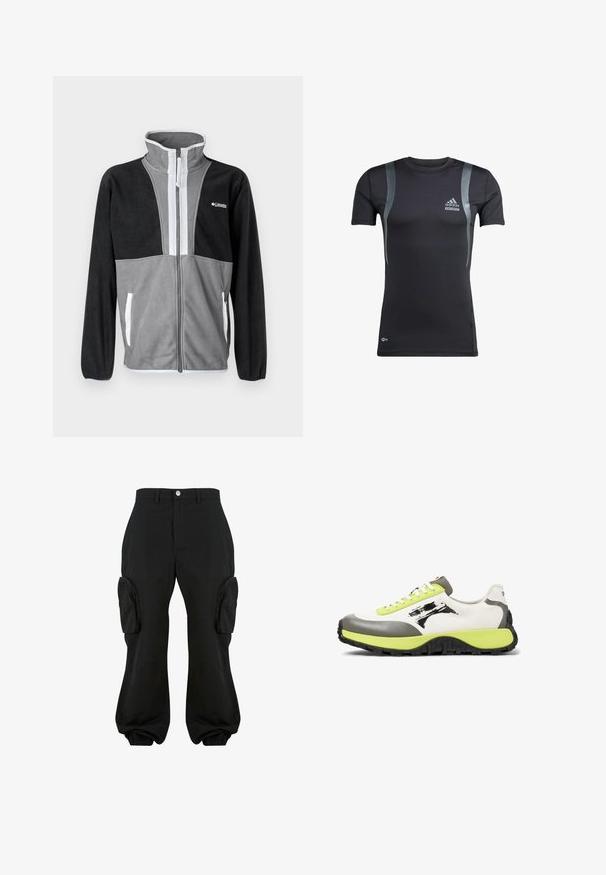 Fleecejacke mit hohem Kragen, grau und schwarzen Farbblöcken, Frontreißverschluss und weißen Akzenten an den Taschen und dem Reißverschluss.; Schwarzes, kurzärmeliges Sportshirt mit grauen Akzenten, aus dehnbarem Material. Mit Adidas-Logo auf der linken Brust und Techfit-Branding.; Schwarze Cargo-Hosen mit lockerer Passform, ausgestattet mit zwei seitlichen Cargo-Taschen, elastischen Bündchen an den Knöcheln und einem Knopfverschluss auf der Taille.; Die Sneakers verfügen über ein weißes Obermaterial aus Canvas, graue Gummielemente, neongrüne Schnürsenkel, ein auffälliges Logo und eine strukturierte schwarze Sohle für besseren Grip.