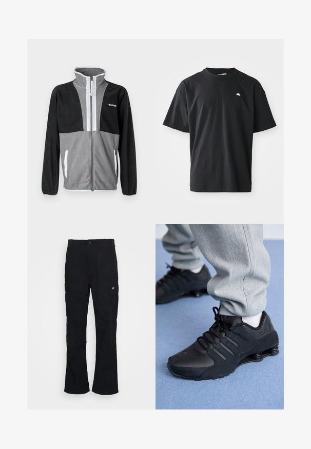 Fleecejacke mit hohem Kragen, grau und schwarzen Farbblöcken, Frontreißverschluss und weißen Akzenten an den Taschen und dem Reißverschluss.; Schwarzes Baumwoll-T-Shirt mit lockerem Schnitt, kurzen Ärmeln, Rundhalsausschnitt und einem kleinen weißen Logoakzent auf der Brust. Glatte Textur.; Schwarze Cargo-Hose mit geradem Bein, aus strapazierfähigem Stoff gefertigt, mit Seitentaschen und einem aufgenähten Logo auf der linken Seite.; Person in schwarzen Nike Shox Sneakers und grauen Jogginghosen, der auf einem hellblauen Teppich steht.
