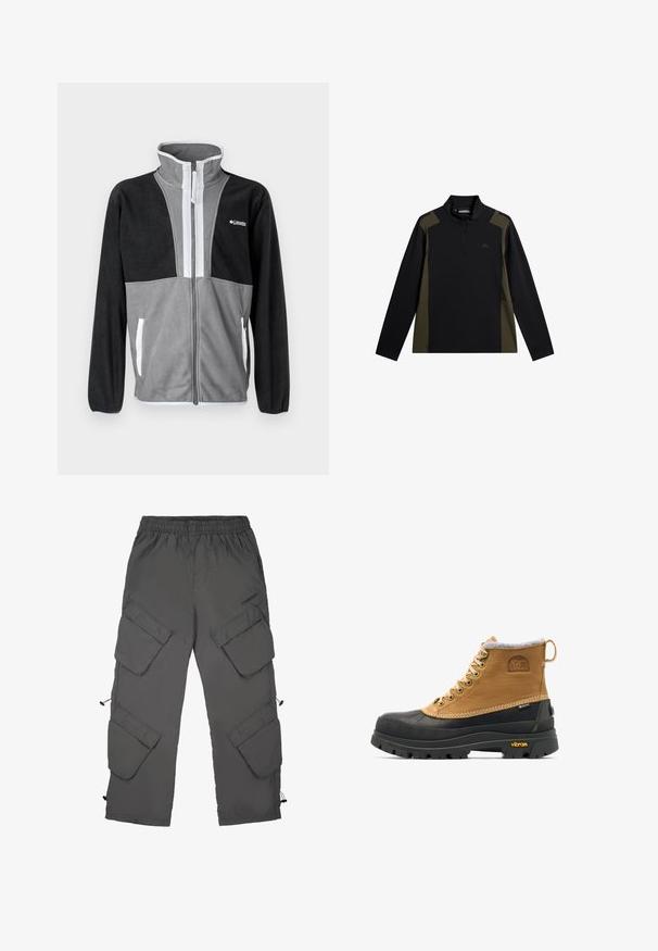Fleecejacke mit hohem Kragen, grau und schwarzen Farbblöcken, Frontreißverschluss und weißen Akzenten an den Taschen und dem Reißverschluss.; Langärmliger Pullover in Schwarz und Olivgrün mit einem kurzen Frontreißverschluss und kleinem Logo auf der Brust.; Cargo-Hosen aus dunkelgrauem Stoff mit elastischem Bund, mehreren Cargotaschen, Zugbändern an den Säumen und einer glatten Textur.; Braun-schwarzer isolierter Winterstiefel mit Schnürung, Gummisohle und Vibram-Profil, mit Sorel- und Gore-Tex-Logos.