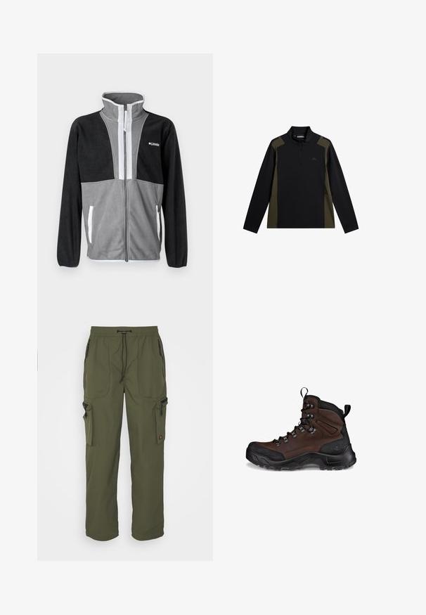 Fleecejacke mit hohem Kragen, grau und schwarzen Farbblöcken, Frontreißverschluss und weißen Akzenten an den Taschen und dem Reißverschluss.; Langärmliger Pullover in Schwarz und Olivgrün mit einem kurzen Frontreißverschluss und kleinem Logo auf der Brust.; Olivgrüne Cargo-Hosen aus leichtem Material mit elastischem Bund, Kordelzug und mehreren Reißverschlusstaschen.; Brauner Wanderstiefel mit einem strukturierten Leder-Obermaterial, schwarzem Gummi-Zehenkappen, verstärkten Ösen und einer robusten Außensohle für Halt.