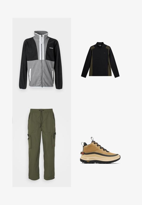 Fleecejacke mit hohem Kragen, grau und schwarzen Farbblöcken, Frontreißverschluss und weißen Akzenten an den Taschen und dem Reißverschluss.; Langärmliger Pullover in Schwarz und Olivgrün mit einem kurzen Frontreißverschluss und kleinem Logo auf der Brust.; Olivgrüne Cargo-Hosen aus leichtem Material mit elastischem Bund, Kordelzug und mehreren Reißverschlusstaschen.; Beige Sneaker mit hohem Schaft und strukturierter Oberfläche, markanter schwarzer Außensohle und orangen Akzenten. Mit Schnürsystem und gepolstertem Kragen für Halt.