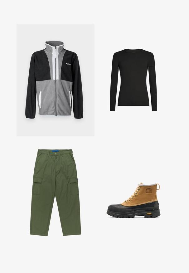Fleecejacke mit hohem Kragen, grau und schwarzen Farbblöcken, Frontreißverschluss und weißen Akzenten an den Taschen und dem Reißverschluss.; Schwarzes, langärmeliges, figurbetontes T-Shirt mit Rundhalsausschnitt und dezentem Icebreaker-Logo auf dem linken Ärmel, dargestellt vor weißem Hintergrund.; Grüne Cargo-Hosen mit geradem Schnitt, mehreren Seitentaschen und einem Reißverschluss. Hergestellt aus strapazierfähigem Baumwollstoff. Mit Markenlabel.; Braun-schwarzer isolierter Winterstiefel mit Schnürung, Gummisohle und Vibram-Profil, mit Sorel- und Gore-Tex-Logos.