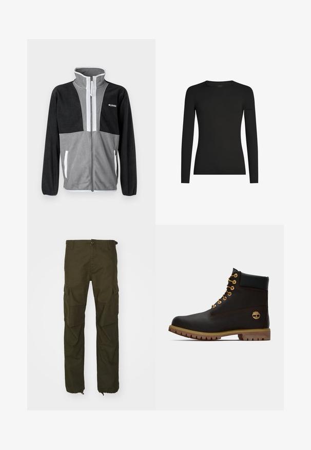Fleecejacke mit hohem Kragen, grau und schwarzen Farbblöcken, Frontreißverschluss und weißen Akzenten an den Taschen und dem Reißverschluss.; Schwarzes, langärmeliges, figurbetontes T-Shirt mit Rundhalsausschnitt und dezentem Icebreaker-Logo auf dem linken Ärmel, dargestellt vor weißem Hintergrund.; Olivgrüne Cargo-Hosen aus strapazierfähigem Stoff, mit einem Knopfverschluss, mehreren Seitentaschen und elastischen Bündchen an den Knöcheln.; Schwarze Leder-Ankle-Boots mit goldenen Ösen, braunen Akzenten und einer Gummisohle. Verfügt über einen gepolsterten Schaft und ein geprägtes Logo an der Seite.