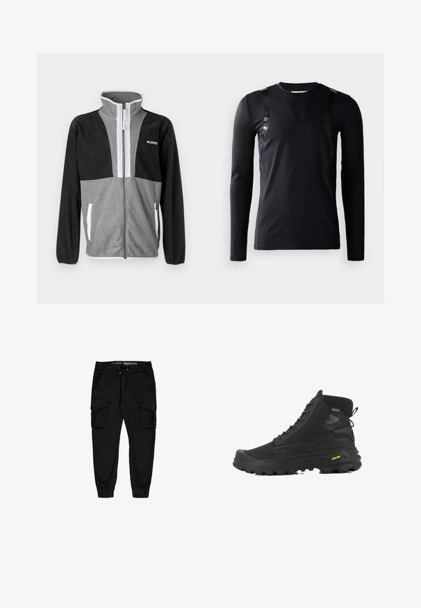 Fleecejacke mit hohem Kragen, grau und schwarzen Farbblöcken, Frontreißverschluss und weißen Akzenten an den Taschen und dem Reißverschluss.; Schwarzes, langärmliges Sportshirt aus glattem, dehnbarem Stoff. Verfügt über glänzende schwarze Akzente an den Schultern und ein Adidas-Logo auf der Brust.; Schwarze Cargo-Hosen aus leichtem Stoff, mit elastischem Bund, Kordelzug und mehreren Seitentaschen sowie schmal zulaufenden Bündchen.; Schwarze hohe Stiefel mit strukturierten Oberflächen, ausgestattet mit einem wasserdichten Design, Schnürsystem und einer ausgeprägten Gummisohle mit Vibram-Branding.