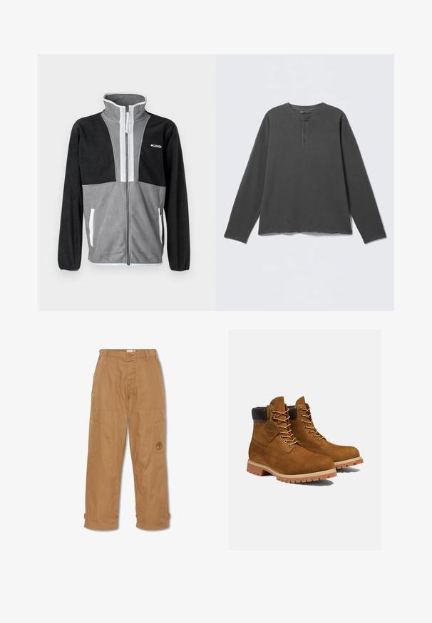 Fleecejakke med høj krave, grå og sorte farveblokke, frontlynlås og hvide detaljer på lommerne og lynlåsen.; Mørkegrå langærmet henley-shirt med rund halsudskæring og tre knapper på frontpladen.; Khaki arbejdsbukser, lavet af slidstærkt stof, har flere lommer, knaplukning og broderet logo på låret.; Brune ruskinds ankelstøvler med en polstret sort krave, gyldne snørehuller og en tyk gummisål med en mønster, der giver godt greb.