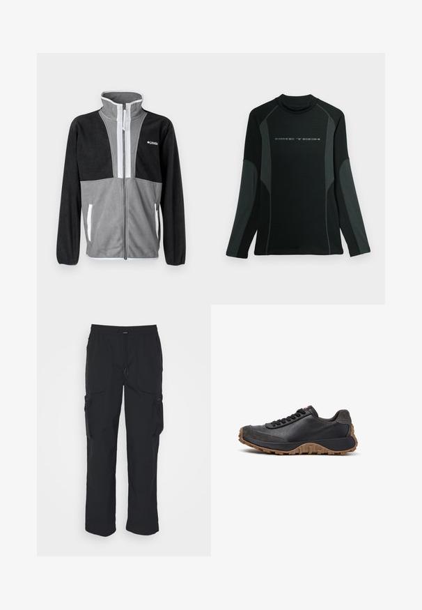 Fleecejacke mit hohem Kragen, grau und schwarzen Farbblöcken, Frontreißverschluss und weißen Akzenten an den Taschen und dem Reißverschluss.; Schwarzes langärmliges Shirt mit hohem Kragen, aus strukturiertem Stoff. Hat graue Seitenpanels und das "NIKE TECH"-Logo auf der Brust.; Schwarze Cargo-Hosen aus gewebtem Stoff. Mit verstellbarem Bund, Seitentaschen und zwei Utility-Taschen mit Reißverschlüssen.; Schwarzer Leder- und Wildleder-Sneaker mit schwarzen Schnürsenkeln, brauner robuster Sohle und niedrigem Schnitt, in der linken Seitenansicht vor weißem Hintergrund dargestellt.
