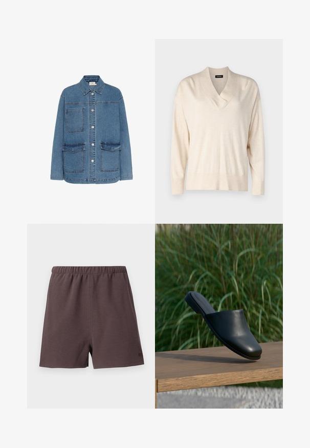 Lichtblauwe denimjack, met een knoopsluiting aan de voorkant, twee grote voorzakken en een klassieke kraag. Stiksels zijn zichtbaar.; Beige trui met een V-hals en lange mouwen. Gemaakt van zachte, lichte stof. Heeft een ontspannen fit en ribben aan de mouwen en onderkant.; Donkerbruine shorts van gestructureerde, geweven stof. Heeft een elastische tailleband en een klein logo-accent aan de onderzijde aan de rechterkant.; Zwarte leren instap mule schoen zwevend boven een houten bank met hoog groen gras op de achtergrond.