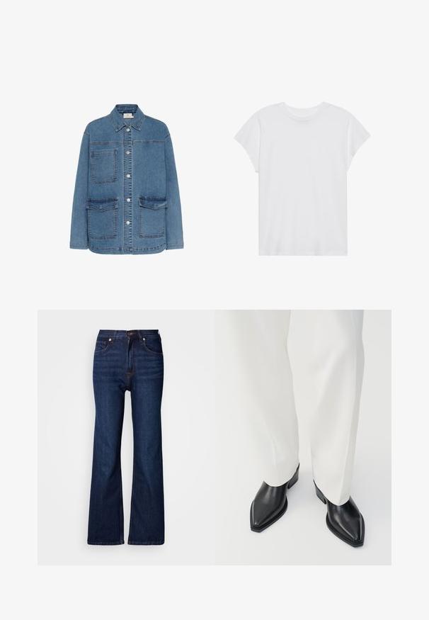 Denimjakke i lyseblå, med knaplukning foran, to store frontlommer og klassisk krave. Syninger er synlige.; Hvid kortærmet t-shirt med rund hals, afslappet pasform, lavet af blødt bomuldsstof. Glat tekstur, ingen mønstre eller logoer.; Vida, mørkeblå denimjeans med fem lommer, knaplukning og kontrastsyningsdetaljer. Glat tekstur med et robust udseende.; Sorte spidse ankelstøvler med en glat læderoverflade, lave blokhæle, og parret med hvide brede bukser. Enkel og moderne design.