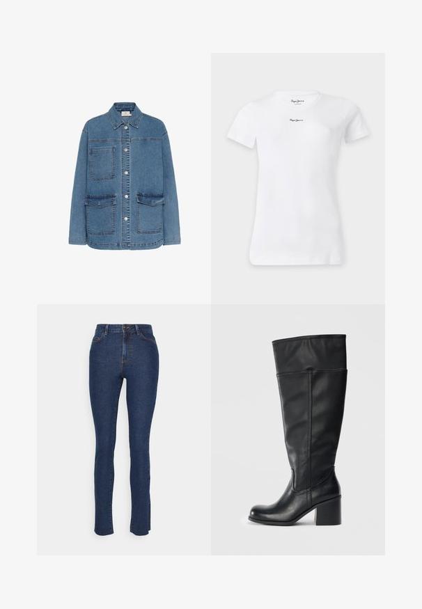 Lichtblauwe denimjack, met een knoopsluiting aan de voorkant, twee grote voorzakken en een klassieke kraag. Stiksels zijn zichtbaar.; Wit T-shirt met korte mouwen en ronde hals met klein zwart "Pepe Jeans" logo gecentreerd vlakbij de halslijn en aan de binnenkant van de kraag.; Pieces Petite PCPEGGY SLIT - Jeans Skinny Fit - dark blue denim; Knielange zwarte leren laarzen met een blokhak, een gladde textuur en stikseldetails langs de zijkanten. Eenvoudig en modern ontwerp.