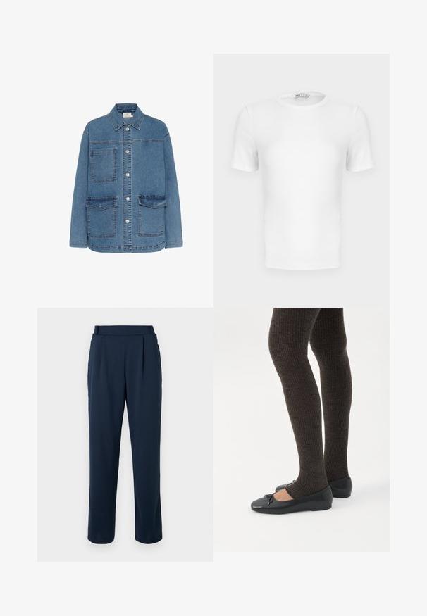 Denimjakke i lyseblå, med knaplukning foran, to store frontlommer og klassisk krave. Syninger er synlige.; Hvid ribstrikket T-shirt med korte ærmer, rund hals og tætsiddende pasform samt en lille mærkeetiket inde i kraven.; Marineblå bukser med straight-leg design, der har høj talje, folder og en glat, blød tekstur. Ingen synligt hardware eller mønstre.; Ben iført mørke ribbede leggings kombineret med sorte balletsko med små sløjfedetaljer på hvid baggrund.