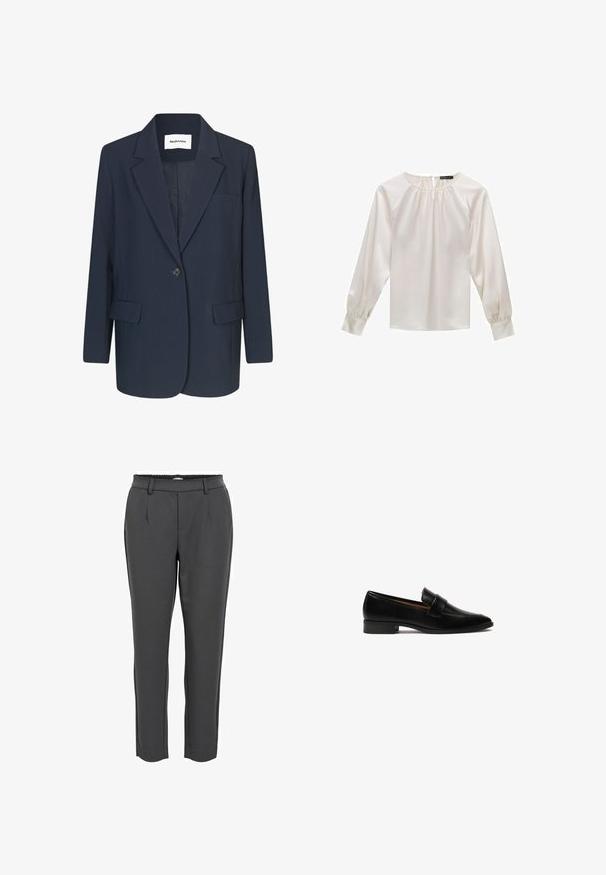 Marineblazer van gladde stof, met een enkele knoopsluiting, notch-lapels, één borstzak en twee voorkzakken.; Witte satijnen bloes met lange mouwen, ronde halslijn en geplooide details. Heeft iets gepofte mouwen en een gladde textuur.; Donkergrijze, taps toelopende broek met een gladde textuur, voorzien van een elastische tailleband, twee voorplooien en een enkellange snit.; Zwarte leren loafers met een platte hak, voorzien van een rechthoekige band over de vamp en een glad, gepolijst oppervlak.