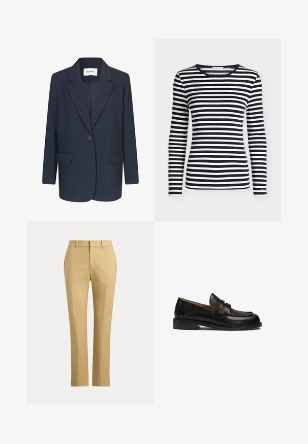 Marineblazer van gladde stof, met een enkele knoopsluiting, notch-lapels, één borstzak en twee voorkzakken.; Oversized shirt met lange mouwen met marineblauwe en witte horizontale strepen en een ronde hals, met het merk GANT op de mouwboord.; Beige broek met rechte pijpen, riemlussen, een voorvouw en een eenvoudige tailleband tegen een effen achtergrond.; Zwarte leren instapper met een ronde neus, decoratieve bovenband en lage gestapelde hak. Gladde textuur en minimale stiksels.