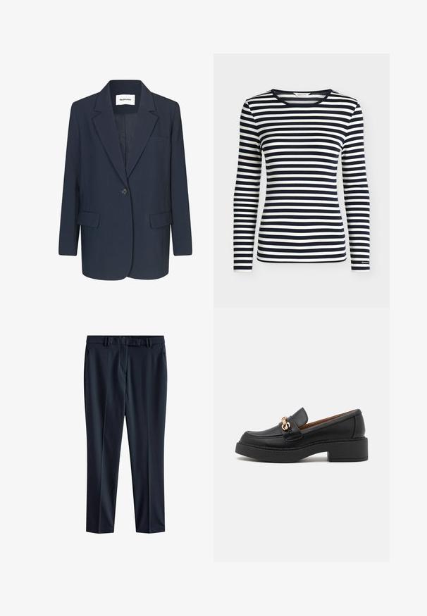 Marineblazer van gladde stof, met een enkele knoopsluiting, notch-lapels, één borstzak en twee voorkzakken.; Oversized shirt met lange mouwen met marineblauwe en witte horizontale strepen en een ronde hals, met het merk GANT op de mouwboord.; Marineblauwe broek van gladde stof met een rechte snit, voorzien van een tailleband met riemlussen en zijzakken.; Zwarte leren loafer met een chunky plateauzool, voorzien van een goudkleurige kettingaccent en zichtbare stikdetails. Gladde textuur en strak design.