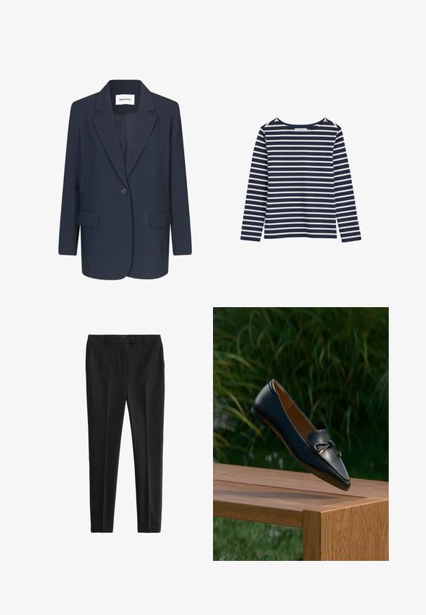 Marineblazer van gladde stof, met een enkele knoopsluiting, notch-lapels, één borstzak en twee voorkzakken.; Marineblauw-wit gestreept shirt met lange mouwen en een ronde hals, weergegeven op een witte achtergrond.; Zwarte op maat gemaakte broek van soepel stof. Heeft een vlakke voorkant, zijzakken en een slim fit ontwerp. Schoon, minimalistisch stijl.; Zwarte leren loafer met een strikdetail die boven een houten bankje zweeft, met groen gras en planten op de achtergrond.