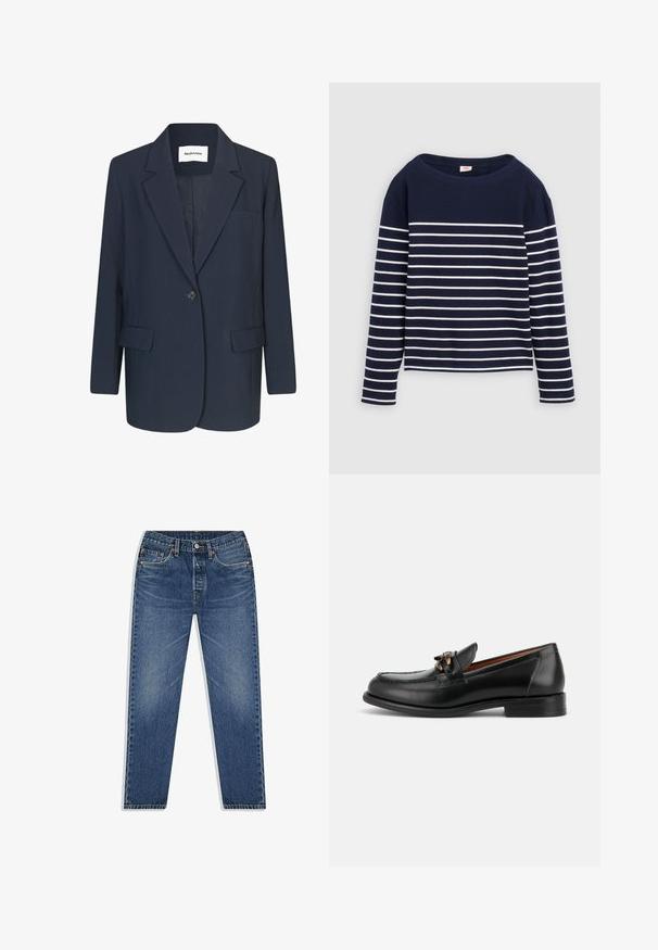 Marineblazer van gladde stof, met een enkele knoopsluiting, notch-lapels, één borstzak en twee voorkzakken.; Levi's® MARIN STRIPE - Longsleeve - navy/egret; Blauwe denim jeans met een recht uitlopende pijp, voorzien van een knoop- en ritssluiting, vijf zakken en subtiele vervaging in de was.; Zwarte leren loafer met lage hak, afgeronde neus en decoratieve metalen gesp aan de voorkant.