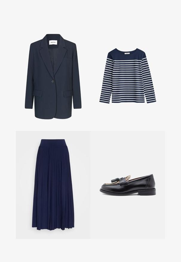 Marineblazer van gladde stof, met een enkele knoopsluiting, notch-lapels, één borstzak en twee voorkzakken.; Marineblauw longsleeve shirt met witte horizontale strepen. Ronde halslijn, zachte stof, losse pasvorm en geen zichtbare hardware of versieringen.; Marineblauwe plissérok van zachte stof, met een brede, comfortabele tailleband en een vloeiende uitstraling met verticale plooien.; Zwarte leren loafers met een ronde neus, voorzien van een geweven kwastaccent en een contrasterende dierenprintvoering. Lage, rechte hak.