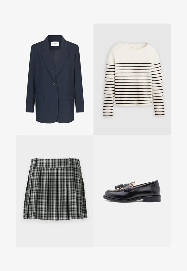 Marineblazer van gladde stof, met een enkele knoopsluiting, notch-lapels, één borstzak en twee voorkzakken.; Witte lange mouwen shirt met zwarte horizontale strepen, met een brede ronde halslijn en zachte stoftextuur. Verkorte lengte.; Zwart-wit geruite geplisseerde rok met een gladde tailleband en meerdere verticale plooien. Gemaakt van lichte stof.; Zwarte leren loafers met een ronde neus, voorzien van een geweven kwastaccent en een contrasterende dierenprintvoering. Lage, rechte hak.