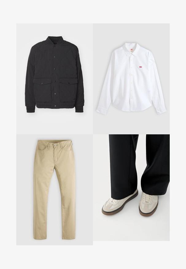 Sort quiltet jakke med ståkrave, front snaplukning og to store klaplommer. Har ribbede manchetter og tekstureret stof.; Hvid langærmet skjorte med knapper og krave samt lille rødt Levi's-logo på venstre brystområde på en neutral baggrund.; Beige bomuldschinos med et lige-ben design. Har fem lommer og lukkes med knap. Glat tekstur, minimale syningsdetaljer.; Fødder iført beige sneakers med brune såler og sorte bukser med vide ben på hvid baggrund.