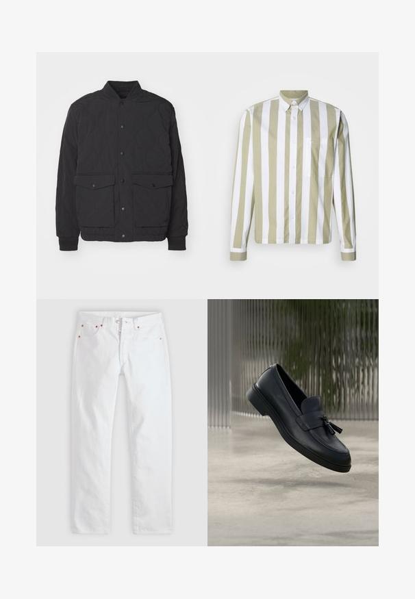 Veste matelassée noire avec col montant, fermeture à pression sur le devant et deux grandes poches à rabat. Dispose de poignets côtelés et d'un tissu texturé.; Chemise à manches longues rayée vert olive clair et blanc avec fermeture à boutons, col à pois et une poche poitrine unique. Tissu en coton.; Jean blanc pour homme, coupe droite, avec braguette à boutons, cinq poches et détails en rivets de cuivre sur un fond gris clair.; Mocassins en cuir noir avec une texture lisse, un bout arrondi et des pampilles décoratives à l'avant. Semelle en caoutchouc flexible avec un petit talon.