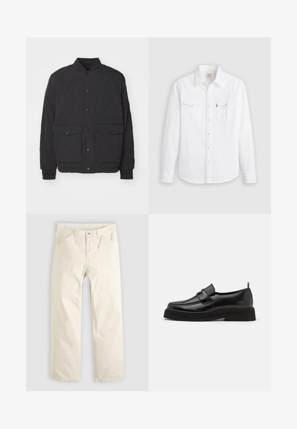 Veste matelassée noire avec col montant, fermeture à pression sur le devant et deux grandes poches à rabat. Dispose de poignets côtelés et d'un tissu texturé.; Chemise blanche à manches longues avec col pointu, deux poches poitrine avec rabats, et boutons-pression sur le devant et aux poignets.; Pantalon en coton beige clair à coupe décontractée, jambes droites et poches avant. Doté d'une fermeture à boutons et d'un design simple et épuré.; Chaussures en cuir noir de style mocassin avec une semelle plate et texturée, présentant un bout piqué et une sangle traversant le cou-de-pied.