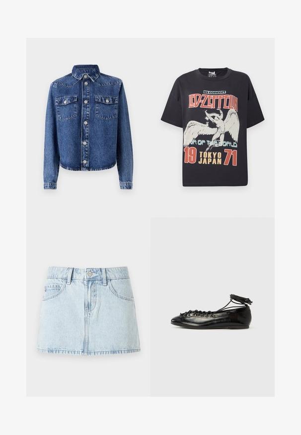 Denimjakke i mørkeblå, med spidse kraver, to brystlommer, sølvknaplukninger og lange ærmer med knapmanchetter.; Sort bomulds T-shirt med et stort grafisk print af en engel med teksten "Led Zeppelin i koncert Verdens Tour Tokyo Japan 1971."; Lyseblå denim-mini nederdel med frontknap, bælteløkker og forlommer, vist på en hvid baggrund.; Sorte balletflade sko i laklæder med rundet tå, snørelukning og flad sål. Glat tekstur med få detaljer.