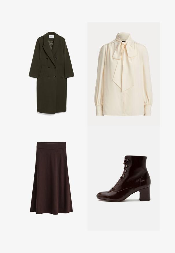 Manteau double boutonnage en vert olive foncé avec manches longues, col à revers, deux poches latérales et boutons noirs ; texture de tissu lisse.; Blouse crème à manches longues avec un col montant et un grand nœud noué au cou, avec des épaules froncées et des manches à poignets.; Jupe mi-longue tricotée marron foncé avec une large ceinture élastique et une forme évasée sur fond blanc.; Bottine marron foncé à forte brillance avec laçage devant, œillets métalliques et talon bloc sur fond blanc.