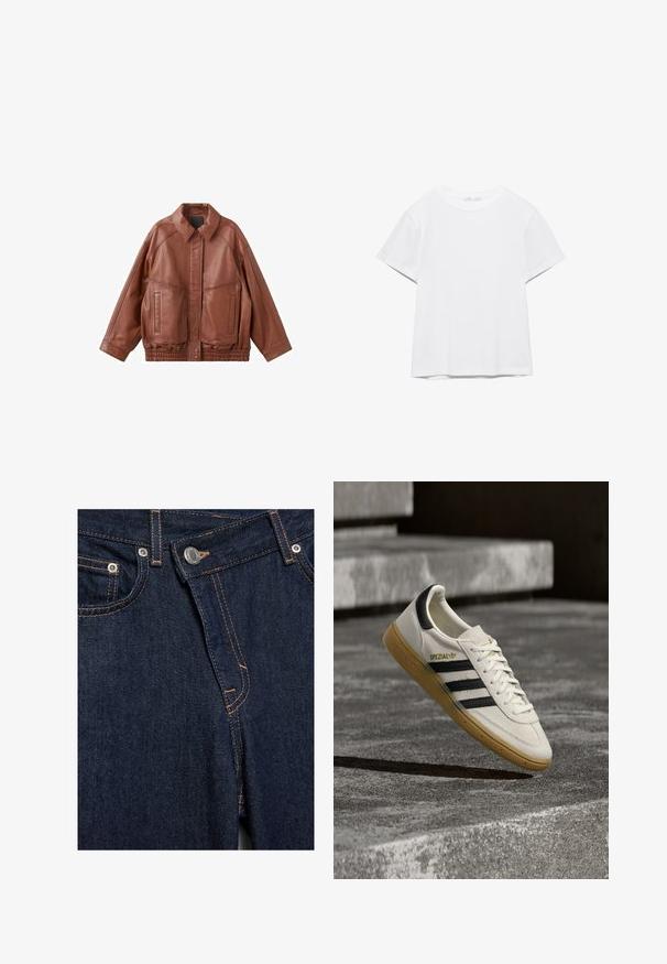Veste en cuir marron avec col à pointe, deux poches avant et ceinture élastique. Présente une texture lisse et une coupe décontractée.; T-shirt blanc uni à manches courtes et col rond, avec un ourlet droit, présenté sur un fond blanc.; Gros plan sur le devant d'un jean en denim bleu foncé avec bouton métallique, braguette zippée, poches avant et détails de couture orange.; Baskets Adidas Spezial blanches avec des rayures noires et une semelle en gomme flottant au-dessus de marches en pierre grises à l'extérieur.