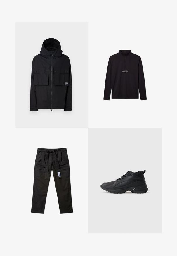 Veste imperméable noire avec capuche, fermeture éclair à l'avant, deux grandes poches poitrine et logo. Elle possède une coupe décontractée et des poignets réglables.; Pull noir à manches longues Calvin Klein avec une fermeture éclair sur le quart et un logo blanc imprimé sur la poitrine.; Pantalons cargo noirs fabriqués à partir d'un matériau durable, dotés d'une taille ceinte, de quatre poches et d'une coupe droite.; Chaussures de sport noires en matériau synthétique. Dotées d'un col rembourré, d'un embout rond, d'une semelle extérieure robuste avec traction, et d'un détail avec le logo de la marque.