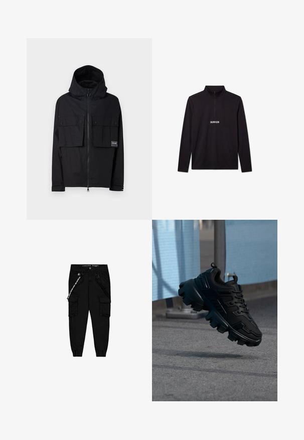 Veste imperméable noire avec capuche, fermeture éclair à l'avant, deux grandes poches poitrine et logo. Elle possède une coupe décontractée et des poignets réglables.; Pull noir à manches longues Calvin Klein avec une fermeture éclair sur le quart et un logo blanc imprimé sur la poitrine.; Pantalons cargo noirs en tissu léger, dotés de deux poches latérales, d'une taille élastique et de poignets ajustables.; Baskets noires épaisses avec semelle à crampons épais flottant au-dessus d'un trottoir gris, sur un fond bleu clair et gris flou.