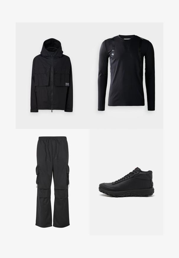 Zwarte waterdichte jas met een capuchon, ritssluiting aan de voorkant, twee grote borstzakken en een logo-embleem. Heeft een relaxed fit en verstelbare manchetten.; Zwarte lange-mouwen sportshirt gemaakt van glad, rekbaar materiaal. Kenmerkt zich door glanzende zwarte accenten op de schouders en een Adidas-logo op de borst.; Zwarte wijde cargobroeken met een elastische tailleband, trekkoord en meerdere klepzakken op de dijen en onderbenen.; Zwarte high-top sneakers van gestructureerd leer, voorzien van een dikke rubberen zool met grippatronen en een vetersluiting. Rode accenten op de tong.