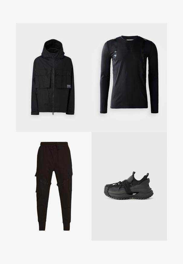 Zwarte waterdichte jas met een capuchon, ritssluiting aan de voorkant, twee grote borstzakken en een logo-embleem. Heeft een relaxed fit en verstelbare manchetten.; Zwarte lange-mouwen sportshirt gemaakt van glad, rekbaar materiaal. Kenmerkt zich door glanzende zwarte accenten op de schouders en een Adidas-logo op de borst.; Zwarte cargobroek met een trekkoord in de taille, zijzakken en textuuraccenten op de cargozakken en riemen. Strakke boorden bij de enkels.; Emporio Armani Sneakers laag - black
