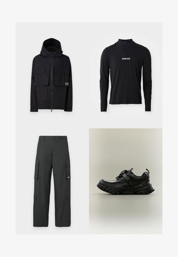 Must matte must jacket, kapuutsiga, lukuga ees, kahe suure rinna-taskuga ja logotäpiga. Omab mugavat lõiget ja reguleeritavaid mansette.; Must musta varrukatega topp kõrge kraega, millel on neljanda osa tõmblukk ja valge "CALVIN KLEIN" logo ees. Sile, veniv kangas.; Mustad sirge jala cargo püksid külgmiste klapikotidega, nööbiga sulgemine, vöökohal aasad ja väike valge logo paremal klapikotil.; Mustast jämedast materjalist sportkingad reguleeritava rihma, nöörlukuga ja robustse tallaga, külgvaates neutraalsel taustal.