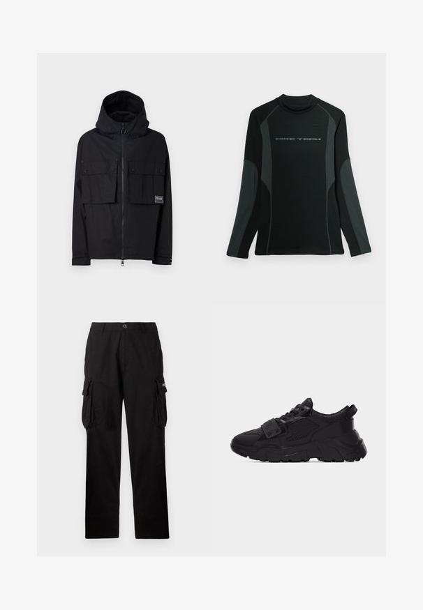 Must matte must jacket, kapuutsiga, lukuga ees, kahe suure rinna-taskuga ja logotäpiga. Omab mugavat lõiget ja reguleeritavaid mansette.; Must musta pikkade varrukatega särk kõrge kaelusega, valmistatud tekstuurikast kangast. Omab halli külgpaneele ja "NIKE TECH" logo rinnal.; Mustad mustad püksid, mis on valmistatud vastupidavast kangast, laia lõikega, küljetaskutega ja nupuga sulgemisega. Sile tekstuur koos kergelt läikiva pinnaga.; Musta massiivne toss nahast ja võrgust paneelidega, paks tekstuuriga tald, ees paeltega kinnituv ja paelte peal metallkinnitustega rihmaga.