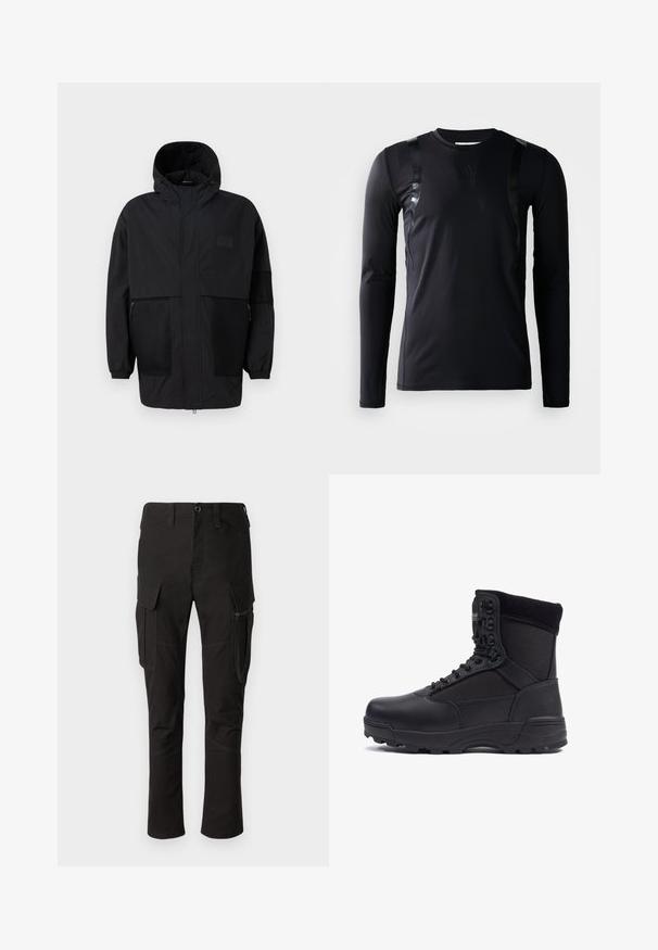 Musthave musta kapuutsiga jakk, mis on valmistatud kergest kangast, koos võrgupaneelide, ees oleva tõmbluku ja elastsete mansettidega kohandatava sobivuse jaoks.; Must have pikkade varrukatega spordipoliis, mis on valmistatud siledast ja venivast kangast. Omab läikivaid musti aktsente õlgadel ja Adidas logo rinnal.; Mustad mustad püksid mitmete taskutega, lukuga küljetasku ja tugevdatud õmblused, sirge jala disain ja vastupidav kangas.; Musthave musta taktikaline saabas sileda nahk- ja kangapaneelidega, kõrge pahkluu disain, nööridega ees ja kõva kummitald.