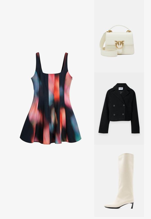 Chaqueta negra corta de doble botonadura con cuello muesca, mangas amplias, dos bolsillos frontales y seis botones a juego. Textura suave.; Vestido negro con patrón abstracto colorido que presenta tonalidades de rojo, azul y rosa. Con dobladillo acampanado, escote amplio y tirantes ajustables.; Bota blanca hasta la rodilla hecha de material liso con punta puntiaguda y tacón negro delgado. Presenta un diseño limpio y una marca mínima.; Bolso de cuero blanco con forma estructurada; cuenta con un acento de hardware ovalado en tono dorado con motivos de aves y una correa de hombro desmontable.