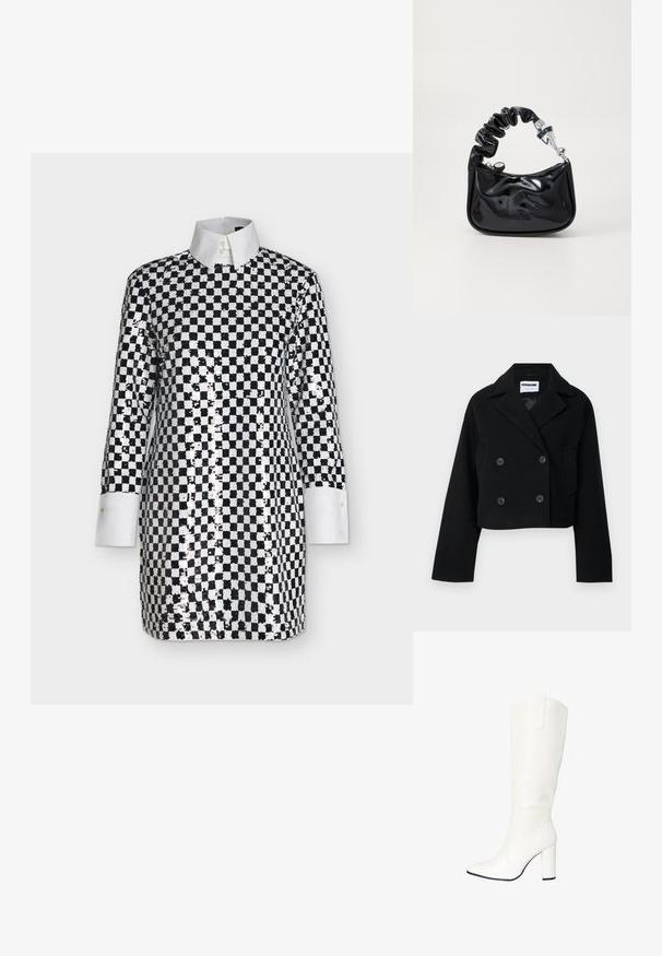 Chaqueta negra corta de doble botonadura con cuello muesca, mangas amplias, dos bolsillos frontales y seis botones a juego. Textura suave.; Vestido de manga larga a cuadros blanco y negro con lentejuelas brillantes, cuello puntiagudo blanco y puños blancos.; Salinyang Botas - weiss; Bolso de material charol negro con un asa arrugada, herrajes plateados, forma redondeada, cierre de cremallera y textura suave y brillante.