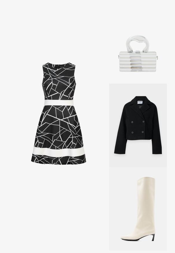 Chaqueta negra corta de doble botonadura con cuello muesca, mangas amplias, dos bolsillos frontales y seis botones a juego. Textura suave.; Vestido negro sin mangas con un patrón geométrico blanco y un cinturón blanco en contraste en la cintura. Tela suave y diseño de falda acampanada.; Bota blanca hasta la rodilla hecha de material liso con punta puntiaguda y tacón negro delgado. Presenta un diseño limpio y una marca mínima.; Bolso metálico plateado con forma rectangular, que presenta surcos horizontales, un asa curva y un cierre de broche en la parte frontal.