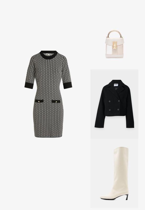 Chaqueta negra corta de doble botonadura con cuello muesca, mangas amplias, dos bolsillos frontales y seis botones a juego. Textura suave.; Vestido de manga corta, con un patrón en blanco y negro, escote redondo, dos bolsillos frontales con detalles en dorado y una silueta ajustada.; Bota blanca hasta la rodilla hecha de material liso con punta puntiaguda y tacón negro delgado. Presenta un diseño limpio y una marca mínima.; Bolso estructurado con un diseño de panel texturizado en tonos beige, blanco y metálico. Cuenta con un cierre dorado, un asa corta y un acabado de cuero suave.