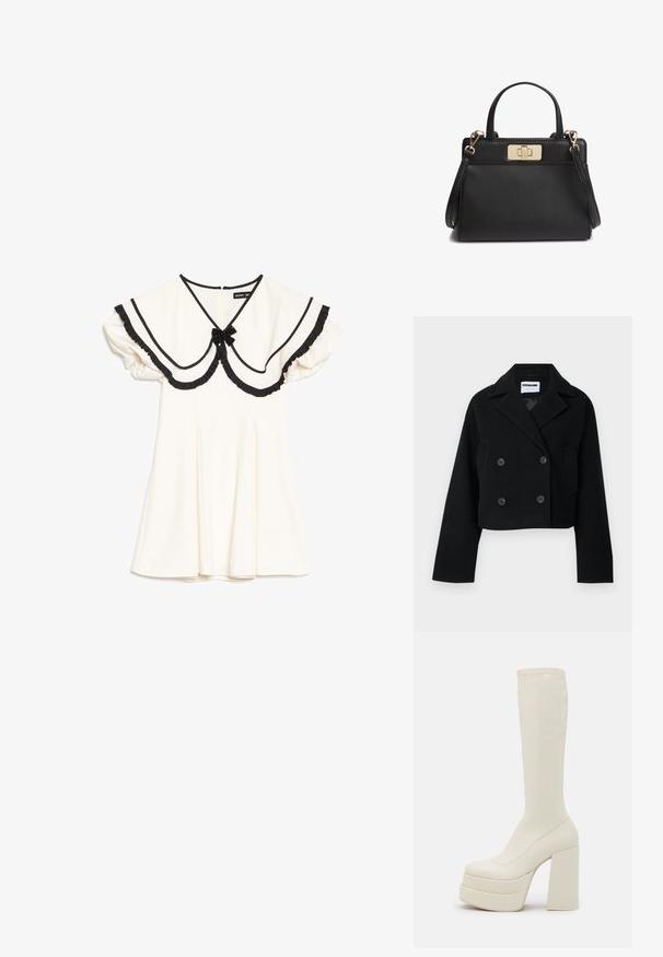 Sort cropped dobbeltknapsjakke med skrå krave, vide ærmer, to forlommer og seks matchende knapper. Glat tekstur.; Kremfarvet kjole med oversized krave med sort kant, sorte flæsekantede kanter, puffede korte ærmer og en lille sort sløjfe ved halsudskæringen.; Steve Madden CYPRESS - Plateaustøvler - off white; Sort læderhåndtaske med topstropper, en aftagelig skulderrem og et rektangulært låsespænde i guldfarve foran.