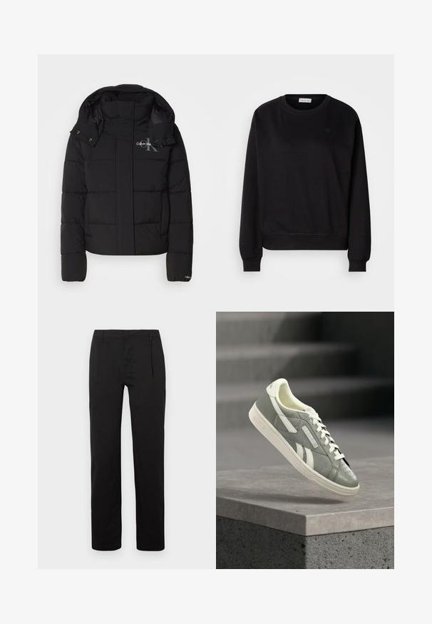 Schwarze Daunenjacke mit Kapuze, gesteppte Gestaltung und Calvin Klein Logo auf der Brust. Verfügt über einen Frontreißverschluss und Druckknopf-Details.; Schwarzer Pullover aus weichem Material, mit rundem Hals, gerippten Bündchen und einem kleinen CK-Logo auf der Brust. Einfaches, minimalistisches Design.; Schwarze Hose mit geradem Bein, glatter Textur, vorderen Falten und normalem Bund. Keine auffälligen Muster oder Verzierungen.; Grauer und weißer Reebok-Sneaker mit Schnürsenkeln, strukturiertem Muster und gebrandetem Seitenpanel, schwebt über einer Betonkante mit Treppen im Hintergrund.