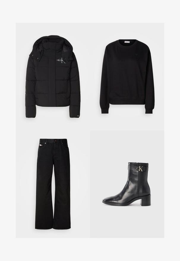 Sort pufferjakke med hætte, kviltet design og Calvin Klein-logo på brystet. Har en frontlynlås og trykknapdetaljer.; Sort sweatshirt lavet af blødt materiale, med rund hals, ribbede manchetter og et lille CK-logo på brystet. Simpelt, minimalistisk design.; Sorte breddebenede jeans lavet af bomuld. Har forlommer, en knaplukning og en klassisk denimtekstur. Minimalistisk design uden mønstre.; Sort læder ankelstøvle med spids tå, blokhæl og en rem med en metallisk logo detalje. Glat tekstur og minimalistisk design.