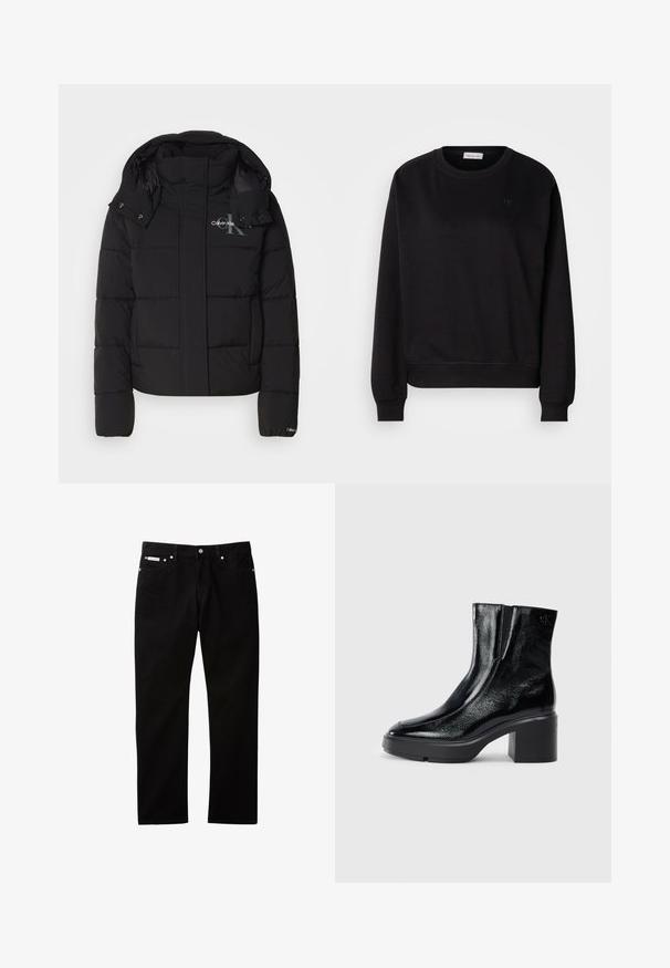 Sort pufferjakke med hætte, kviltet design og Calvin Klein-logo på brystet. Har en frontlynlås og trykknapdetaljer.; Sort sweatshirt lavet af blødt materiale, med rund hals, ribbede manchetter og et lille CK-logo på brystet. Simpelt, minimalistisk design.; Sorte denimjeans med lige ben, der har knappelukning og lynlås, fem lommer og en lille logomærkat på taljen.; Sorte patenterede læderankelstøvler med en buet tå, elastiske sidepaneler og en kraftig blokhæl. Har et præget logo på bagsiden.