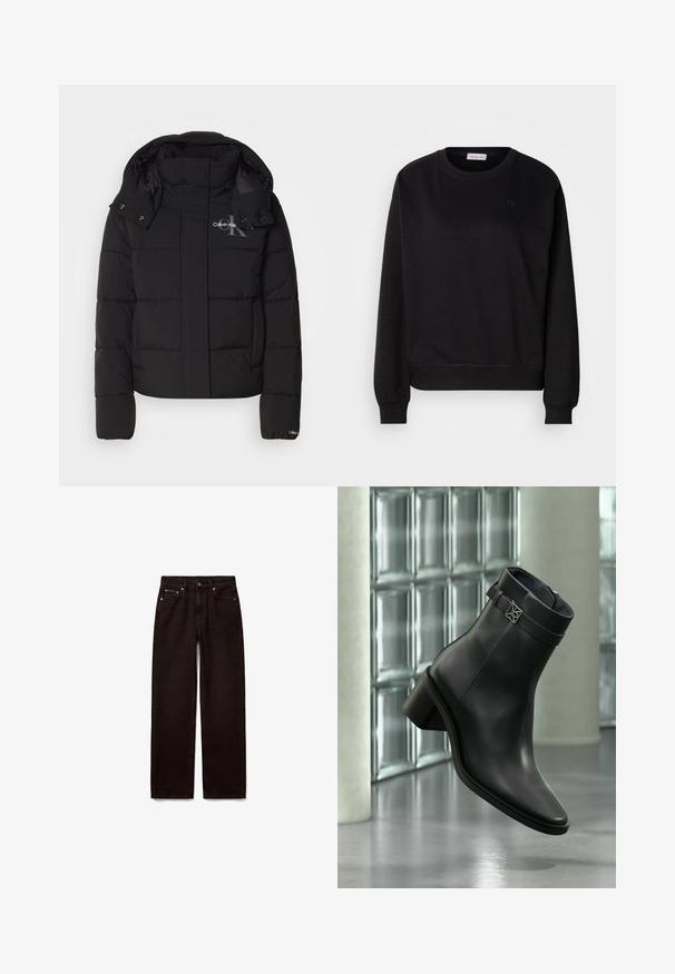 Sort pufferjakke med hætte, kviltet design og Calvin Klein-logo på brystet. Har en frontlynlås og trykknapdetaljer.; Sort sweatshirt lavet af blødt materiale, med rund hals, ribbede manchetter og et lille CK-logo på brystet. Simpelt, minimalistisk design.; Sorte jeans med lige ben, forreste knap og lynlås, to forlommer og bæltestropper på hvid baggrund.; Sort læderankelstøvle med lav blokhæl og dekorativ rem, vist i et moderne, minimalistisk indendørs miljø.