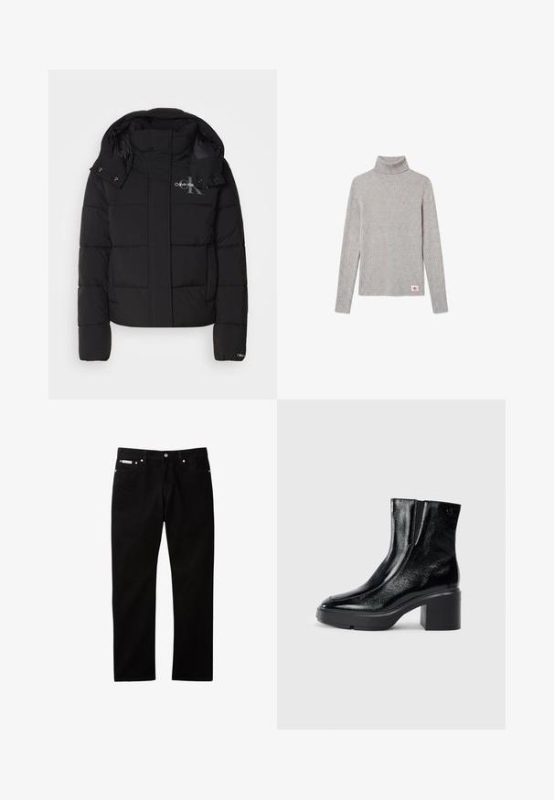 Sort pufferjakke med hætte, kviltet design og Calvin Klein-logo på brystet. Har en frontlynlås og trykknapdetaljer.; Lysegrå ribbet langærmet rullekravesweater med et lille rødt og hvidt CK-logo nær nederste kant.; Sorte denimjeans med lige ben, der har knappelukning og lynlås, fem lommer og en lille logomærkat på taljen.; Sorte patenterede læderankelstøvler med en buet tå, elastiske sidepaneler og en kraftig blokhæl. Har et præget logo på bagsiden.