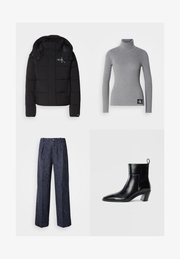 Schwarze Daunenjacke mit Kapuze, gesteppte Gestaltung und Calvin Klein Logo auf der Brust. Verfügt über einen Frontreißverschluss und Druckknopf-Details.; Grau gerippter Rollkragenpullover mit langen Ärmeln, figuroptimierter Passform und einem schwarzen Etikett mit weißen Markeninitialen am Boden.; Hosen in Marineblau mit strukturiertem Gewebe, hoher Taille, weitem Bein und Vorderfalten. Mit einem einzigen Knopf und Reißverschluss versehen.; Schwarze Leder-Ankleboots mit spitzem Zeh, geometrischem Blockabsatz und einem Zugband hinten. Glatte Textur und elegantes Design.