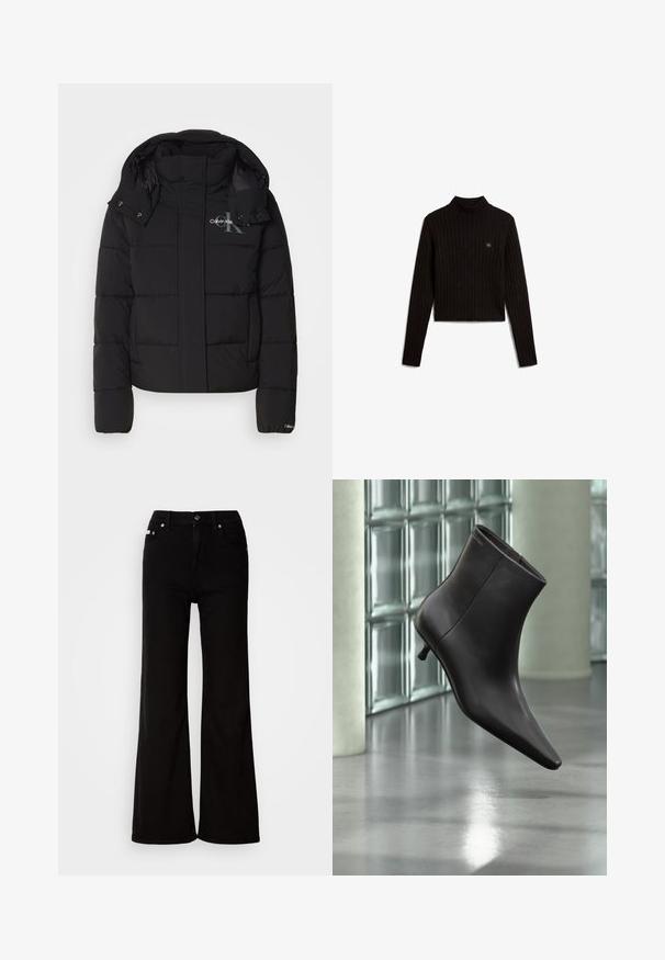 Schwarze Daunenjacke mit Kapuze, gesteppte Gestaltung und Calvin Klein Logo auf der Brust. Verfügt über einen Frontreißverschluss und Druckknopf-Details.; Schwarzer, gerippter Langarm-Stehkragenpullover mit kurzer Länge und kleinem Calvin Klein-Logo auf der linken Brust.; Schwarze, ausgestellte Jeans aus Denim mit hoher Taille, Reißverschluss und Knopfverschluss, seitlichen Taschen und dezenten Hardware-Akzenten.; Schwarzer Leder-Knöchelstiefel mit spitzer Spitze und kleinem Absatz vor einer Wand aus Glasbausteinen und einem polierten Boden.